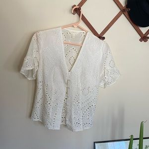 white eyelet button up top size S